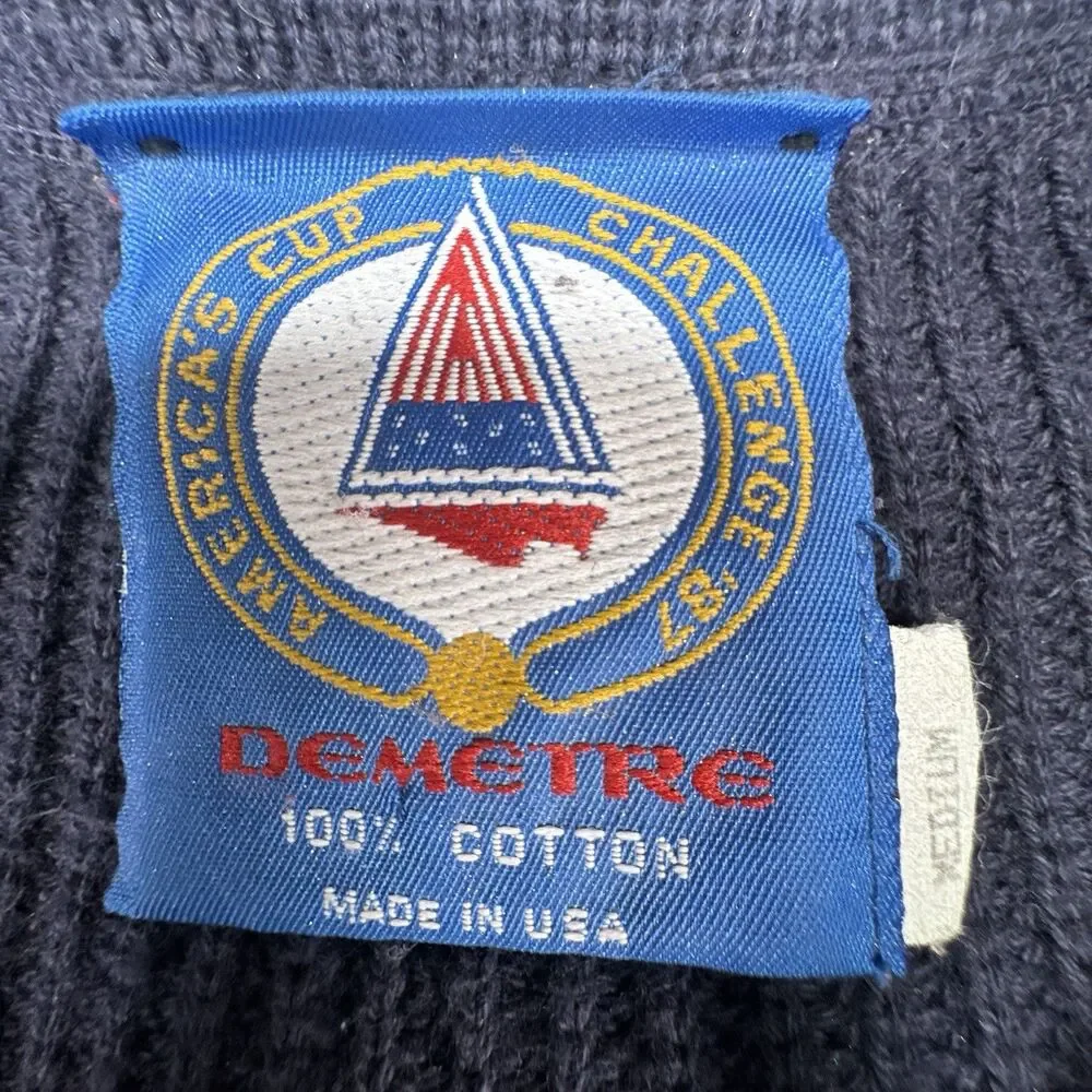 Vintage Demetre Ski Sweater Mens Navy Red 100% Cotton Button Pullover Medium USA